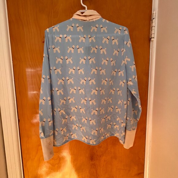 Chemise bleue à nœud et motifs chiens / Icône blue dog-print pussybow blouse - Picture 3 of 3